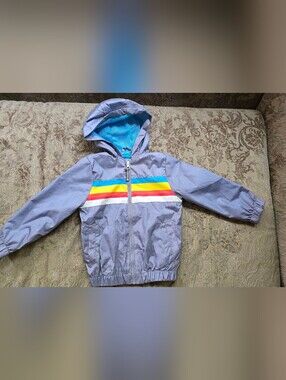 Kids Lightweight Grey Hooded Windbreaker Jacket with Rainbow Stripes
